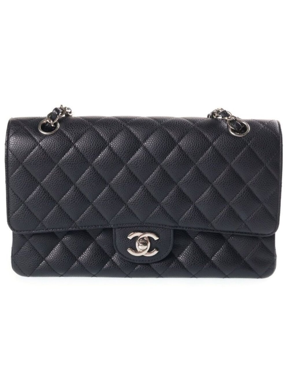 Chanel Quilted 25 Chain Shoulder Bag Double Flap Black Caviar Leather Silver